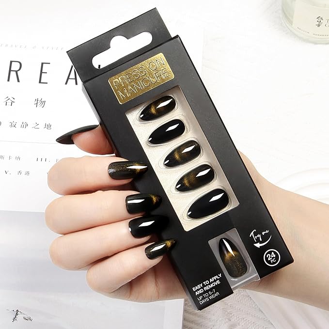 Glue On Nails Almond Black Goth - Cat Eye Mysterious Shine Handmade Reusable Nails for Gothic Chic Look, 24 Nails in 12 Sizes with Glue, Adhesive Tabs, File, Prep Pad, Manicure Stick