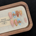 handmade nails press on Salon Quality white blue gold pearl starfish Reusable almond hand-painted gentle elegant acrylic 3D fake nails designed kit,10 Nails, Size M #3010