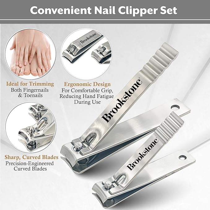 Brookstone Nail Clippers for Men and Women - Premium Stainless Steel Nail Clipper and Nail Cutter, Precision Grooming Set Includes Two Nail Clippers and Case