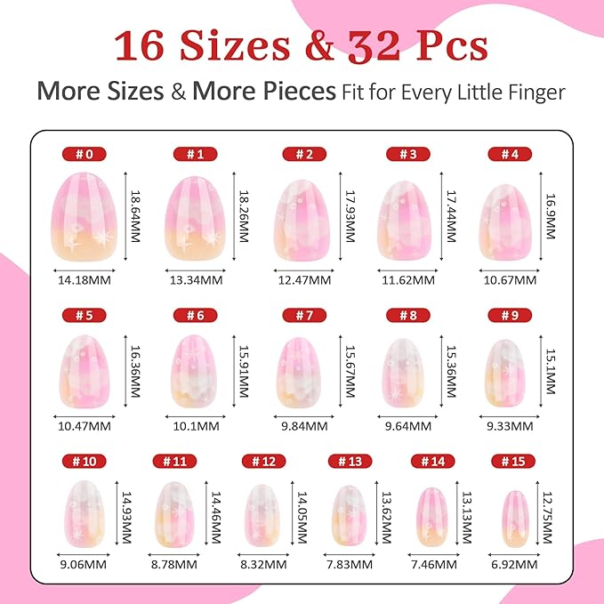 16 Sizes Press on Nails Kit for Kids - 32 Pieces French Almond Fake Nail Tips for Girls 8-12 Years Old with Jelly Nail Adhesives & No-Lamp Nail Glue, Birthday Christmas Gifts(Dream Stars Cloud)