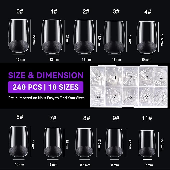 Gelike ec Short Square Nail Tips: 240PCS Soft Gel Tips for Nail Extensions Square Shaped Full Cover Nail Tips Pre Etched - PMMA Resin Clear False Nails Press on Nails 10 Sizes, SHORT SQUARE