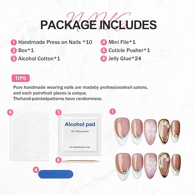White French Tip Press on Nails Short Almond Fake Nails Handmade Press on Nails Flower False Nails Golden Embossed Designs Full Cover Muti-Layer Gel Stick on Nail Acrylic Nails for Women (Size S)