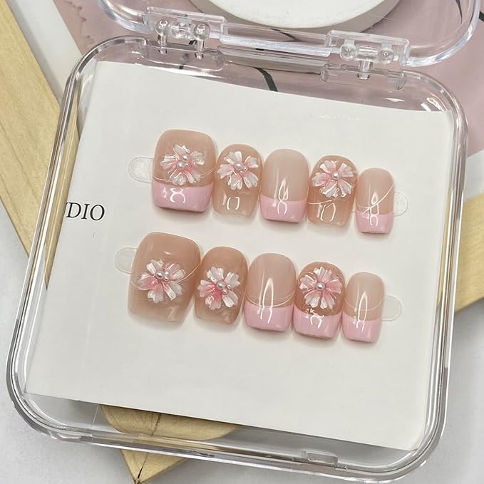 Handmade Press on Nails Pink Flower Press on Nails Short Square Fake Nails with 3D Flower Rhinestones Designs French False Nails Full Cover Acrylic for Women DIY (Size S)