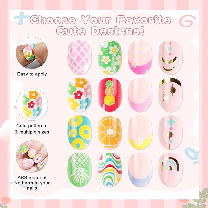 SIUSIO 3Pack Children Acrylic Fake Nails, 72pcs Press on Full Cover Daisy French Tips Short Almond False Nail Art Kits Set with Sticker Tabs Nail Glue Gel for Kids Little Girls Women - Spring Memory