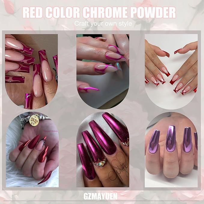 4 Boxes Red Chrome Nail Powder Mirror Effect Metalic Powder Pigments for Nails, Deepred, Pink，Rose Red Mirror Metallic Powder for Nails