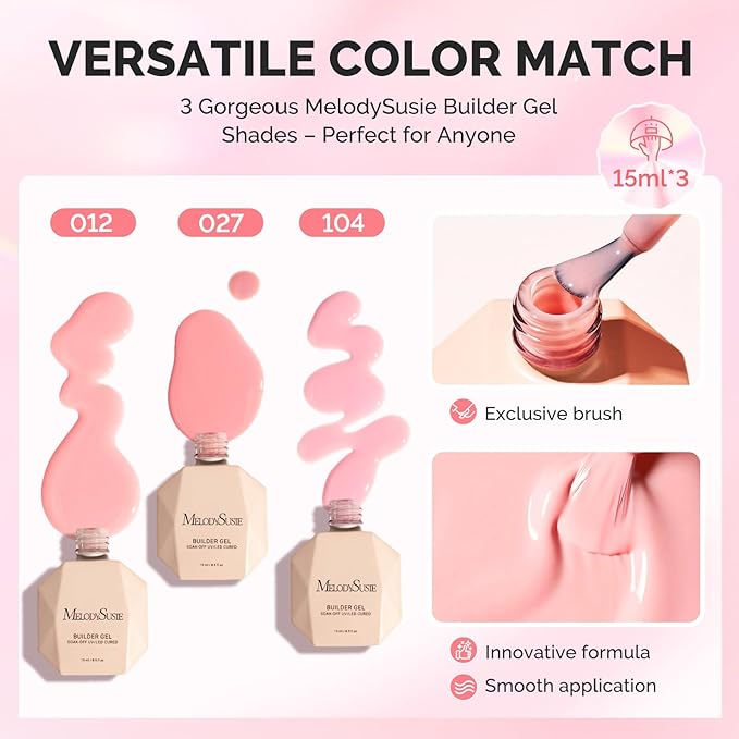 MelodySusie 3PCS 15ML Pink and Nude Pink Base Colors Builder Gel Set for Nails Thickening, Soak Off UV Extension Gel Rhinestone Glue in a Bottle for Nail Art Design Gift for Women DIY Manicure at Home