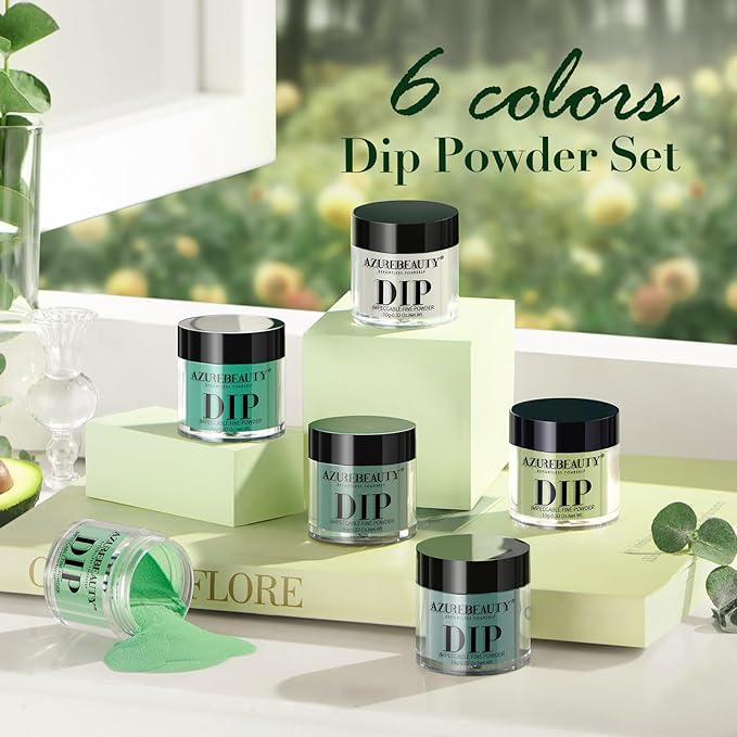 AZUREBEAUTY Dip Powder Nail Kit,St. Patrick's 6 Colors Glitter Green Forest,Dipping Powder Color French Nail Art Manicure DIY Salon Gifts for Women, No Need Nail Lamp Cured