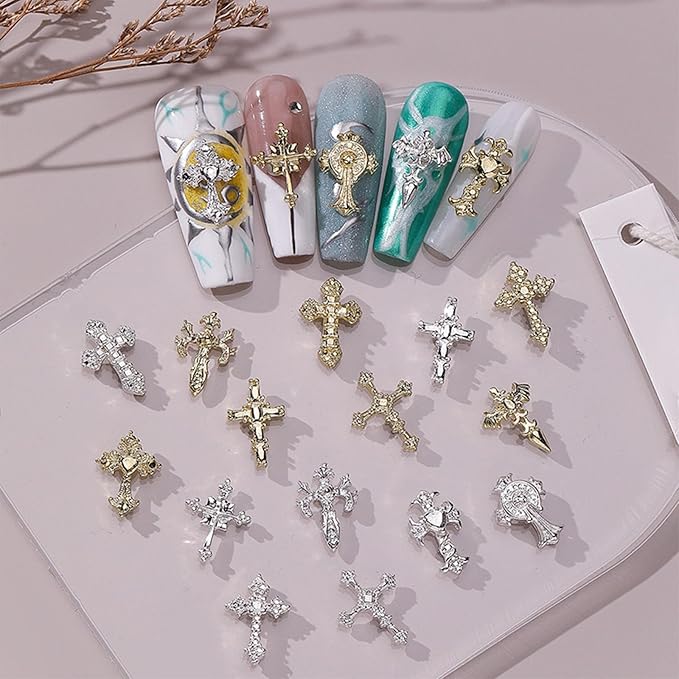 3D Cross Nail Charms for Nail Art, 80 Pcs Metal Crystal Cross Nail Decorations, Alloy Nail Studs and Rhinestones for Women Girl DIY Jewelry Crafts Supplies (80 PCS Gold+Silver)