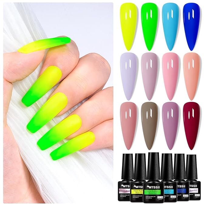 MTSSII Rubber Base Gel Set, Soak Off U V LED Hema Free Clear Sheer Nude Pink Neutral Gel Nail Polish Blue Green Strengthen/Apex Building/Enhance/Reinforced Builder Gel 12 PCS