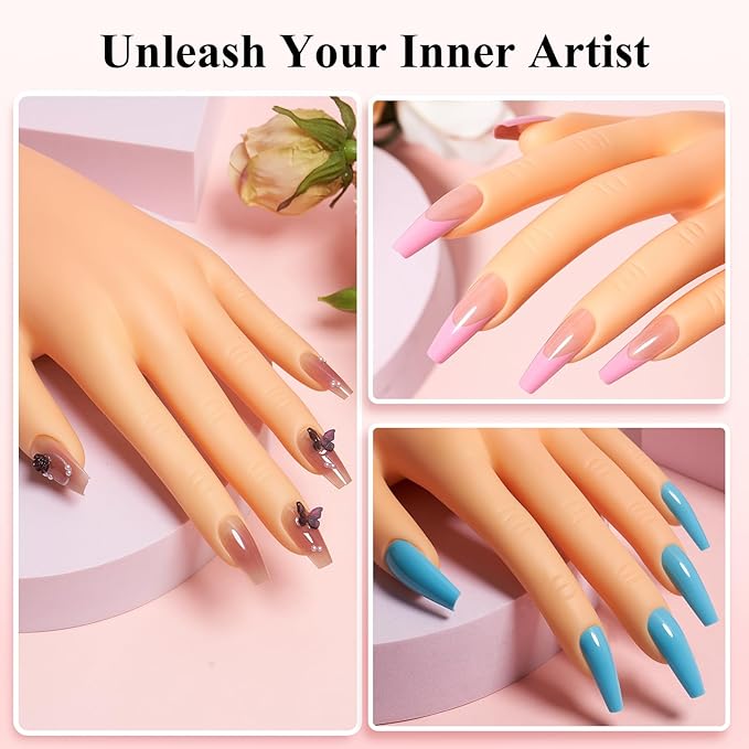 Practice Hand for Acrylic Nail: Fake Hand with Stand Nails Kit Acrylic Set - Professional Nail Mannequin Hand for Beginners Salon