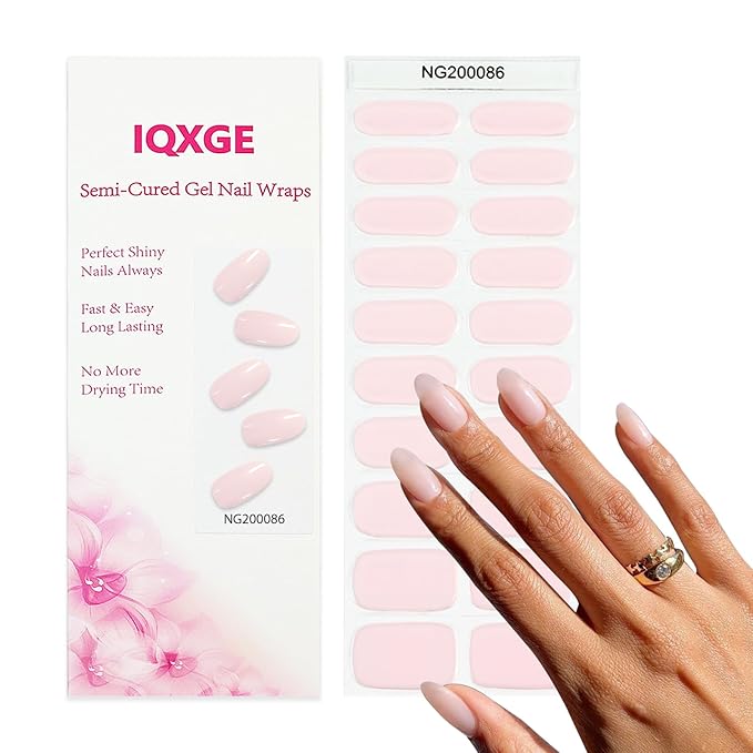 Semi Cured Gel Nail Strips 20Pcs Pink Gel Nail Stickers Full Polish Nails Wraps UV/LED Light Needed Glossy Nails Polish Strips for Women Includes Prep Pads, File, Wooden Cuticle Stick