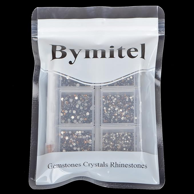 Bymitel 7200 Pieces 6 Mixed Sizes Glue Fix on Glass Rhinestones Round Crystal Gems Flatback for DIY Jewelry Making with one Picking Pen(6-Sizes 7200PCS, Smoked Topaz)