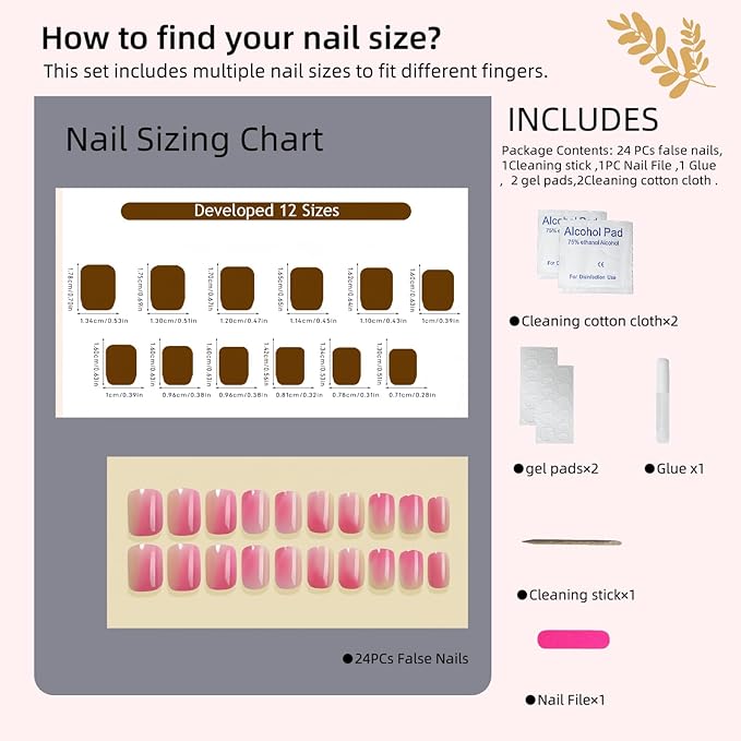 Sweet Grape Press-On Nails - Clear Pink Green Gradient Gel Nail Art, Reusable Adhesive Fake Nails for Women (24pcs)