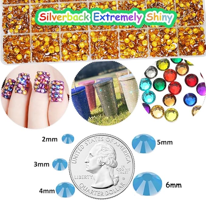 22000pcs Resin Flatback Rhinestones for Crafting, Silverback Gold 2mm 3mm 4mm 5mm 6mm Round Beads, Non-Hotfix SS8 SS10 SS16 SS20 SS30 Gems with B7000 Glue for DIY Crafts, Nails, Makeup Decor