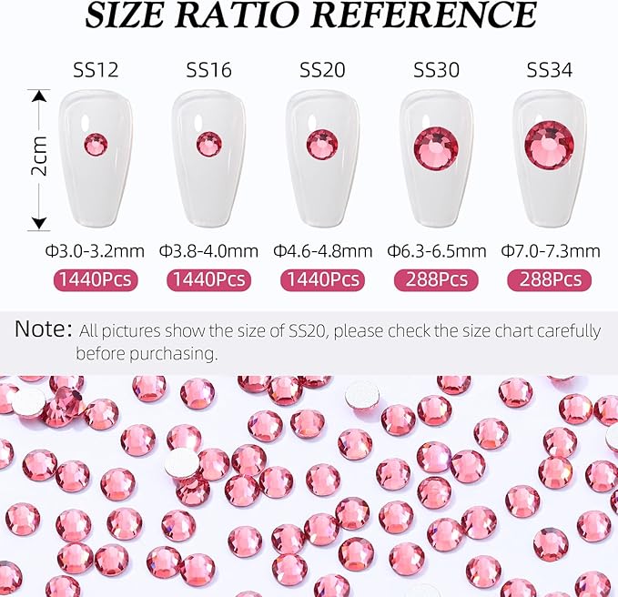 Rose Flatback Rhinestones, Glass Rhinestones for Nail Art and Craft, Glue Fix, Loose Crystal Gemstones(Rose, SS30, 288pcs, 6.4-6.6mm)