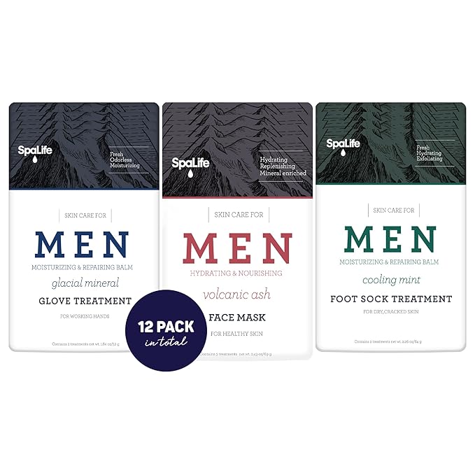 SpaLife Men's 12-Piece Spa Set: Repairing Hand Gloves for Dry Hands, Cooling Mint Foot Socks for Cracked Heels, and Moisturizing Face Mask Ultimate Men Grooming and Relaxation Gift Kit