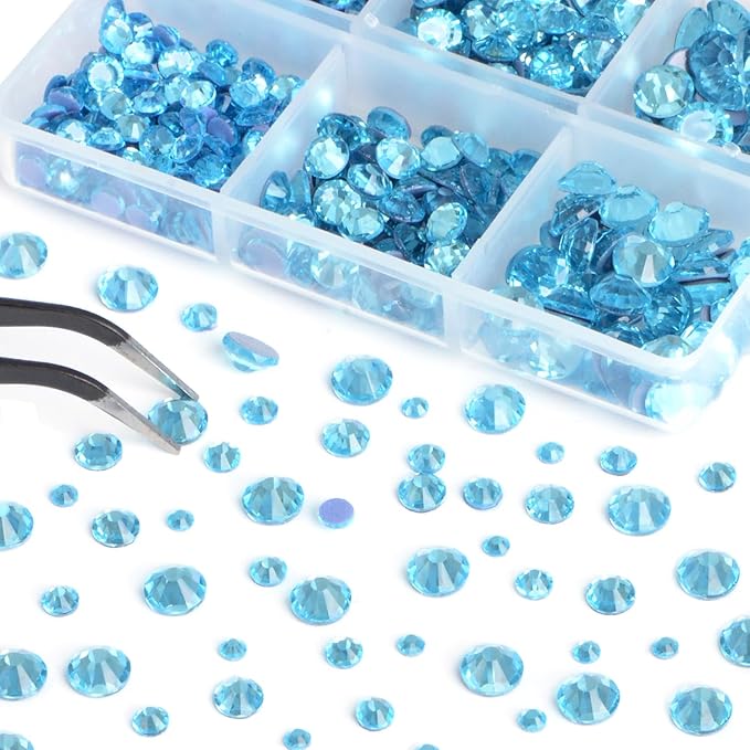 Bymitel Hotfix Crystal Rhinestones Round Gems for Crafts,Mixed 6 Sizes with Wax Pencil Kit, Aquamarine 1.6-6.3mm SS4-SS30/8000pcs