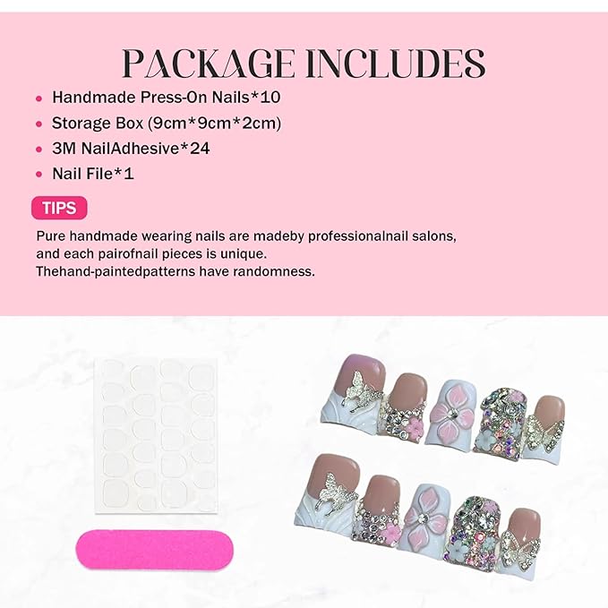 Handmade Press on Nails French Tip Fake Nails with Glue 3D Butterfly Duck False Nails with Designs Acrylic Nails Press Ons Sparkly Artificial Glossy Stick on Nail for Women 10Pcs (Size M)