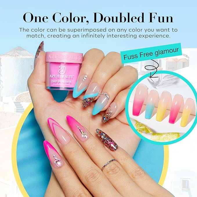 AZUREBEAUTY Dip Powder Nail Kit Starter, 4 Colors Pink Yellow Blue Glitter Dipping Powder Liquid Set Recycling Tray with Base & Top Coat Activator for French Fingernail Art Manicure Salon DIY at Home