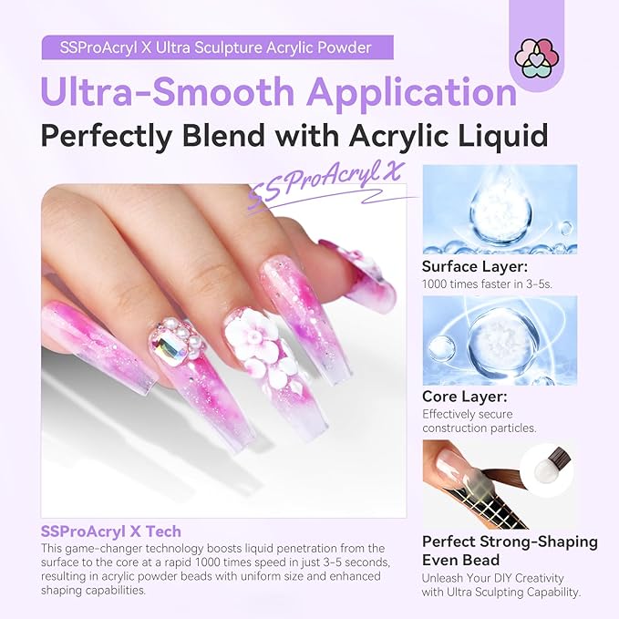SAVILAND Ultra-Smooth Clear Acrylic Powder: Keratin Professional Acrylic Nail Powder Ultra Sculpture Tech for 3D Carving Nail Extension Tech Salon Studio Manicure