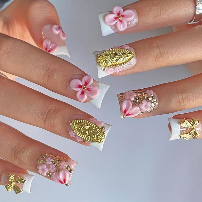 Luxury Press on Nails Short Duck Handmade 3D Unique Reusable ABS Material Fake Nails White French Tip False Nails with Designs Pink Flower Rhinestones Glossy Glue on Nail Thick Acrylic Nail(S)