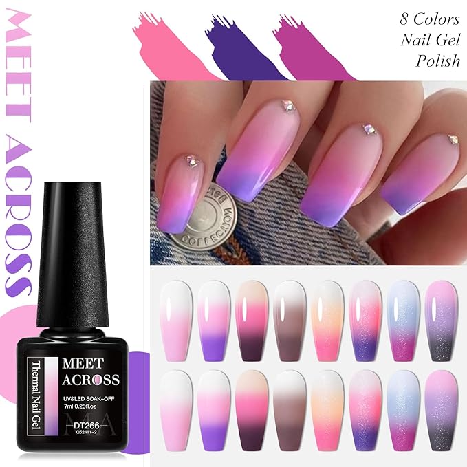 MEET ACROSS Color Changing Gel Nail Polish Set, 8 Colors Red Pink Glitter Purple Mood Temperature Change Nail Polish Gel Set Soak Off Nail Art DIY Salon Manicure Holiday Gift