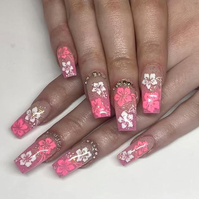 Square Press on Nails Medium Fake Nails with Designs White Flower Stick on Nail Rhinestone Acrylic False Nail French Glossy Artificial Nail Full Cover Glue on Nails for Women