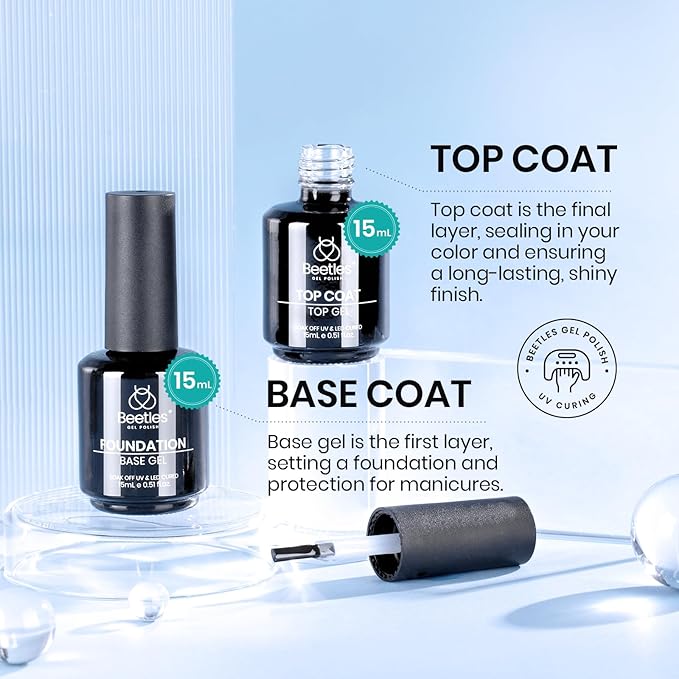Beetles Base Coat and Top Coat Kit with Nail Dehydrator and Primer, Professional Nail Prep Acid-Free Hema-Free Dehydrate Bond Primer Set for Nail Manicure Gift for Women