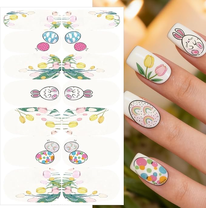 5 Sheets Easter Gel Nail Stickers Cute Rabbit Carrot Nail Polish Strips Colorful Full Wrap Nail Strips Easter Bunny Eggs Nail Strips Stickers Spring Flower Nails Decorations for Women DIY Manicure