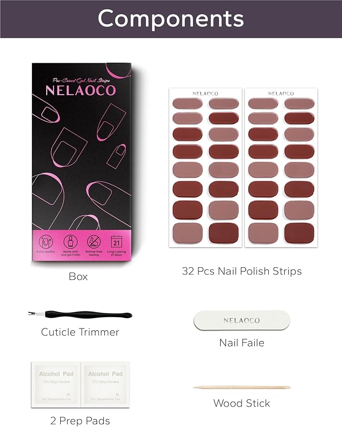 Nail Polish Strips – 32PCS UV Free Salon Quality Wraps, Long Lasting Gel Nail Stickers for Women (Classic Chestnut)
