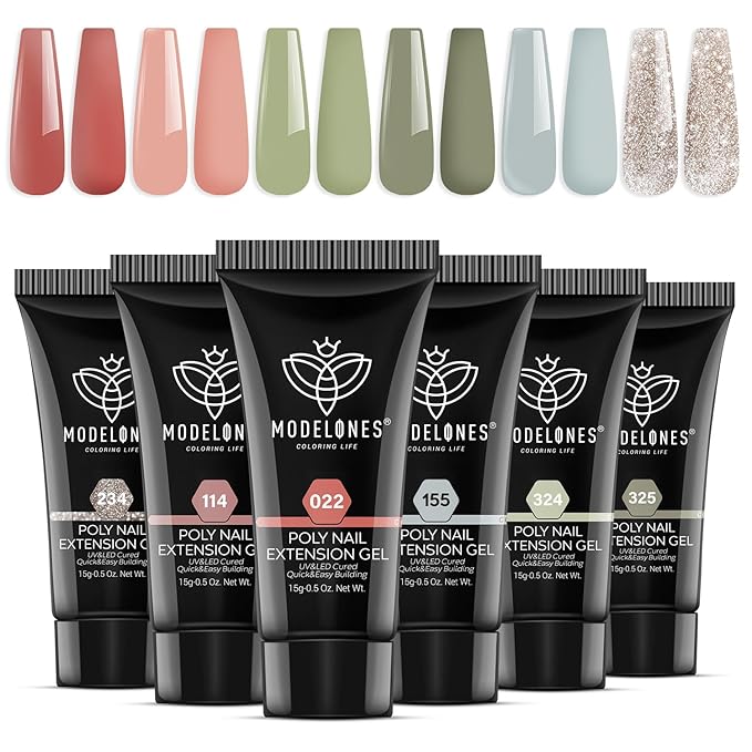Modelones 6 Colors Poly Nail Gel Set Poly Nail Extension Gel Colors Tubes Kit Glitter Nude Coral Green Light Blue All Seasons Manicure Salon at Home