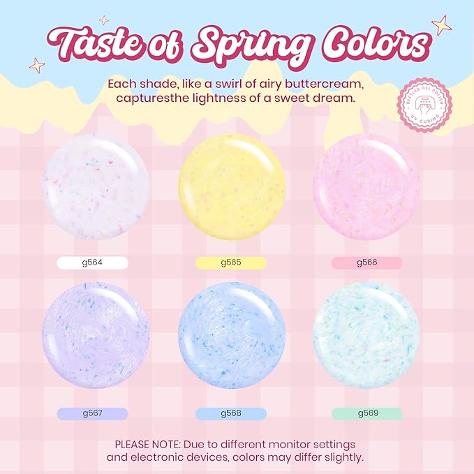 Beetles Easter Gel Nail Polish Set, Pastel Whip 6 Colors Taste of Spring Macaron Shimmer Glitter Gel Polish Kit Spring Pink Yellow green Soft Creamy Soak Off UV LED DIY Gel Nail Art Gifts for Women