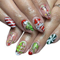 Christmas Red White Stripe Press-On Nails - Short Almond Shaped False Nails With Green Monster Designs - Full Cover Winter Acrylic Xmas Stick-On Nails for Women - DIY Nail Art - 24 Pcs