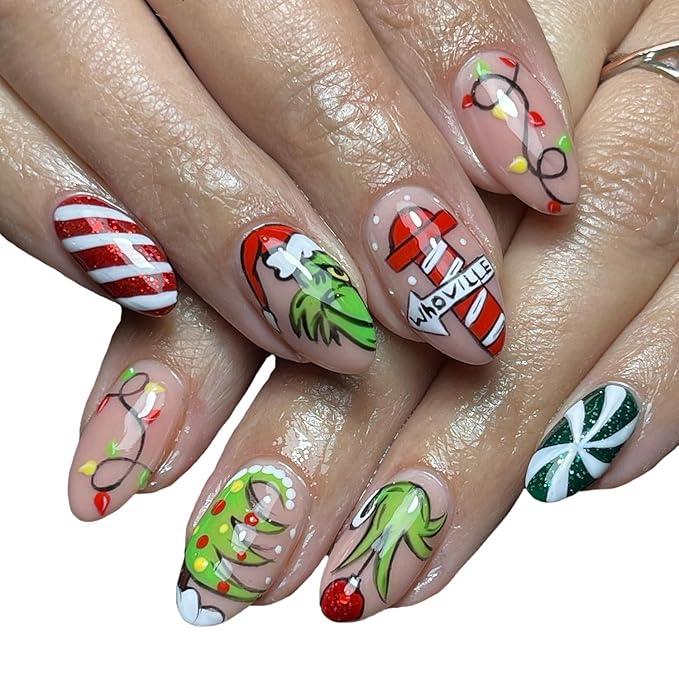 Christmas Red White Stripe Press-On Nails - Short Almond Shaped False Nails With Green Monster Designs - Full Cover Winter Acrylic Xmas Stick-On Nails for Women - DIY Nail Art - 24 Pcs