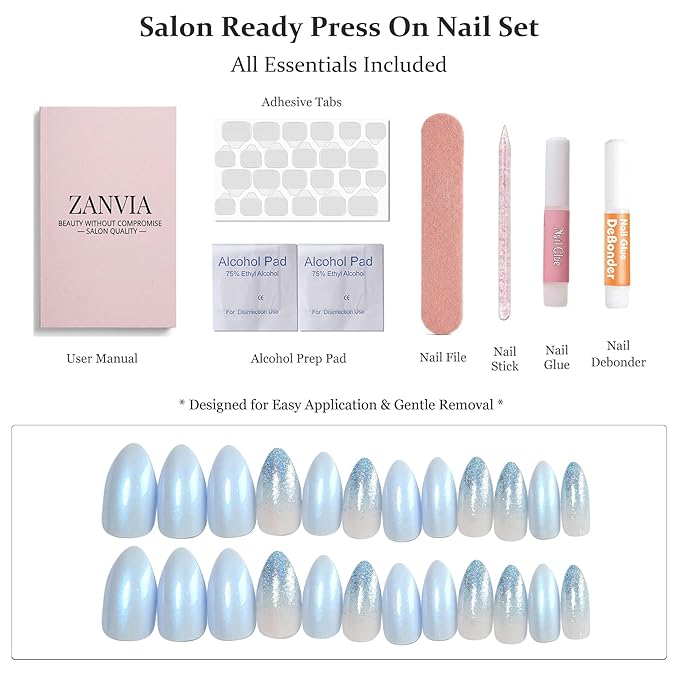 Press On Nails Almond Ombre Blue - Soft Gel Fake Nails With a Shimmery Finish, For Women And Teens, Perfect For Daily Wear, Playdates, And Relaxed Outings, 12 Sizes 24 Nail Kit With Glue