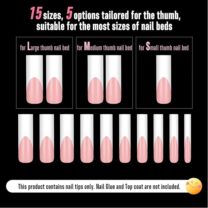 NOVO OVO XXL Sharp Square Nail Tips Pre-Designed White French Tip - 150Pcs Soft Gel Nail Tips Baby Pink Base, Full Cover False Nails 15 Sizes for DIY Acrylic Extension & Salon Supply (No C Curve Fit)