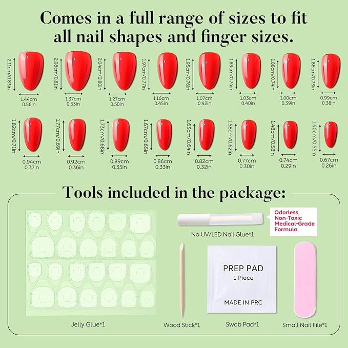 Luxbon Thick Press On Nails Short Almond with No-Cure Nail Glue and Tool Kit – Stick On Nails 25-30pcs Full Size Set, Soft Gel Nail Tips Reusable Fake Nails for Women, Salon Look at Home, Red