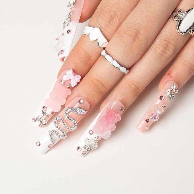 LOVFUL Press on Nails Gummy Bear Glam | Handmade with Full Covered Crystals | Reusable Fake Nails | Square Mid length 1.7in | H26-S