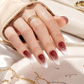 VSALON Press on Nails Medium Almond - Red Maroon Ombre French Tip Cat Eye Glossy Glitter Nails Kit for Woman, Reusable Semi-Transparent Gel Glue on Nails with Glue & Cuticle Oil - 32 PCS in 16 Sizes