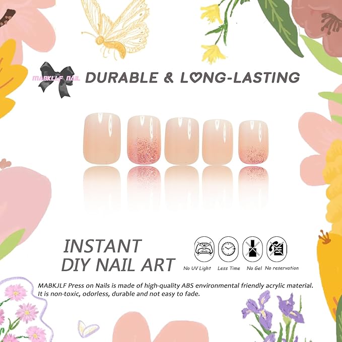 Ombre Press on Nails Short Square MABKJLF Nude Pink Fake Nails False Nails with Designs Pink Glitter Gradient Natural Nails Full Cover Glossy Glue on Nails Stick on Nails for Women Girls 24 Pcs