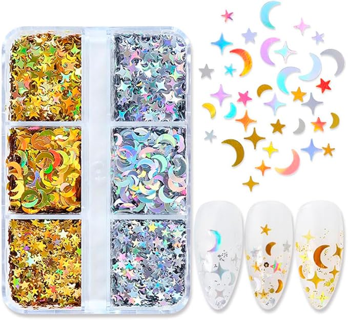 Nail Art Laser Gold Glitter Sequins Star Moon Manicure Sticker Silver Nail Decoration 6Grids