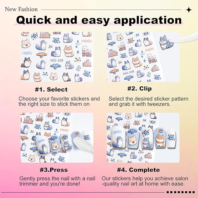6 Sheets Cute Cat Dog Nail Stickers for Nail Art Adorable Kitty Bow Designs 3D Embossed Self Adhesive Nail Decals for Women DIY Manicure Decoration YX1234
