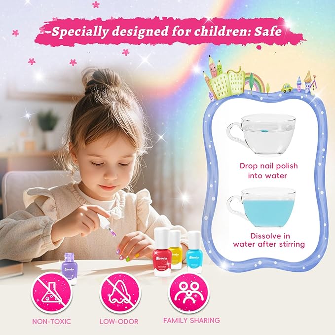 Quick Dry Kids Nail Polish Set, Non-Toxic Toddler Nail Polish, Water-Based Peelable Fingernail Polish for Kids, 6 Color Rainbow Nails Polish for Party, Holiday Favors, Party Favors
