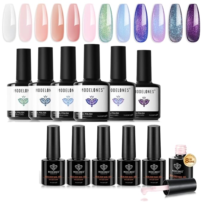 modelones Builder Nail Gel Set, 6 Colors 8-in-One, Jelly Pink & 6 Colors Aurora Shimmer Glitter Gel Polish Kit Blue Green Purple