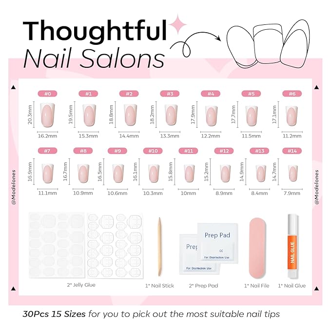 Modelones French Tip Press on Nails Short, Duck Fake Nails TIps, Reusable Nail Kit with Nail Glue Adhesive Tabs Mini Nail File, Nails Press Ons 30Pcs 15Sizes, Women Girl Gift