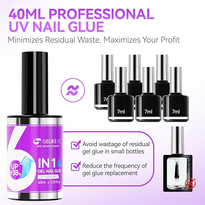 Gelike EC Professional Bulk Nail Glue: 40ml Salon Size Gel Nail Glue - 5X More Value for Press On Nails Acrylic & Nail Tips - Strong & Quick Dry UV Gel Adhesive for Nail Artists & Small Businesses