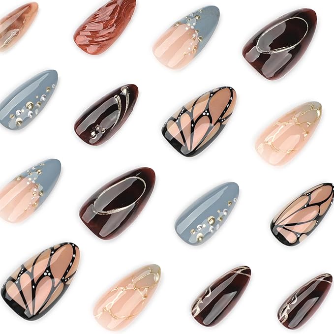 3D Butterfly Wings Press On Nails Blue Brown Mixed Medium Almond – Gold Line Pearl Designs, Acrylic Reusable Fake Nails with Adhesive Tabs, Salon Quality Nail Press Ons for Women Manicure