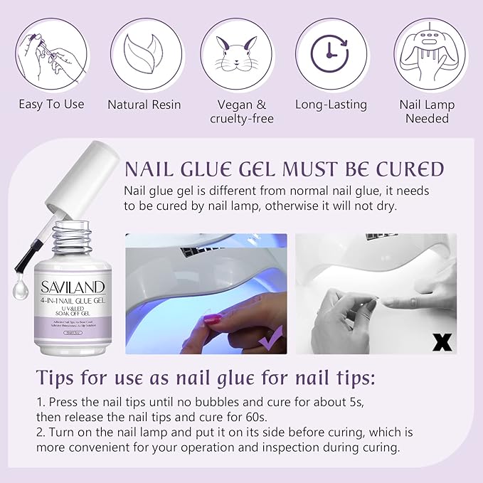 SAVILAND 4-in-1 Nail Gel Set, 2 pcs 15 ML Upgraded Glue for Fake & Press on Nails, Gel Base Strengthen and Nail Repair Treatment, Replacement for Glue.