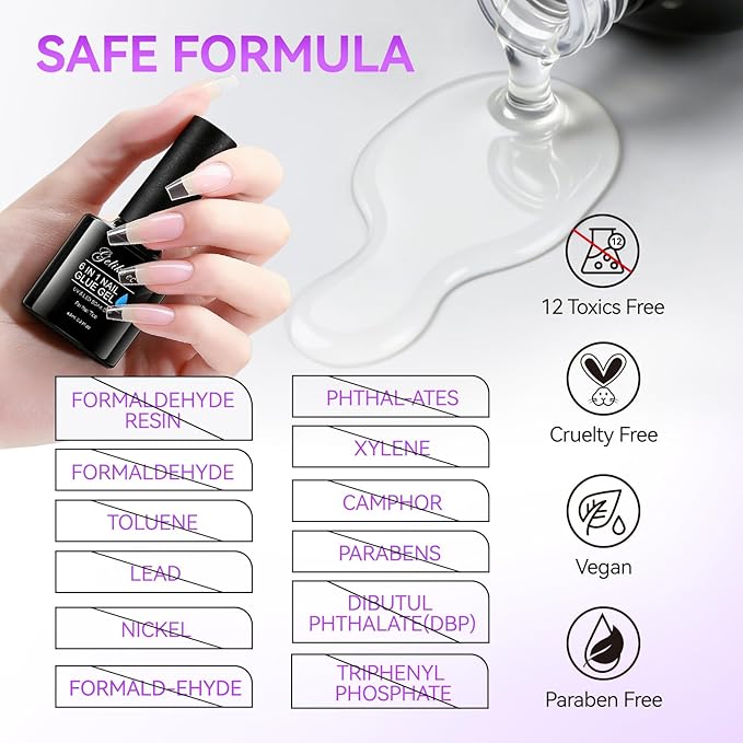 Gelike EC Gel Nail Glue for Press On Nails: 6 in 1 Strong UV Nail Glue for Nail Tips and Acrylic Fake Nail - Long Lasting 28 Days Quick Dry - Beginner Friendly DIY for Home Salon