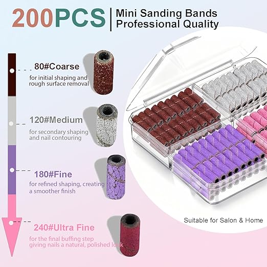 200Pcs Mini Nail Drill Bits Small Sanding Bands for Nail Drill with 3 mm Mandrel Bit, 80 120 180 240 Fine Grit Nail File for Acrylic Nails Gel Manicures and Pedicure (200pcs)